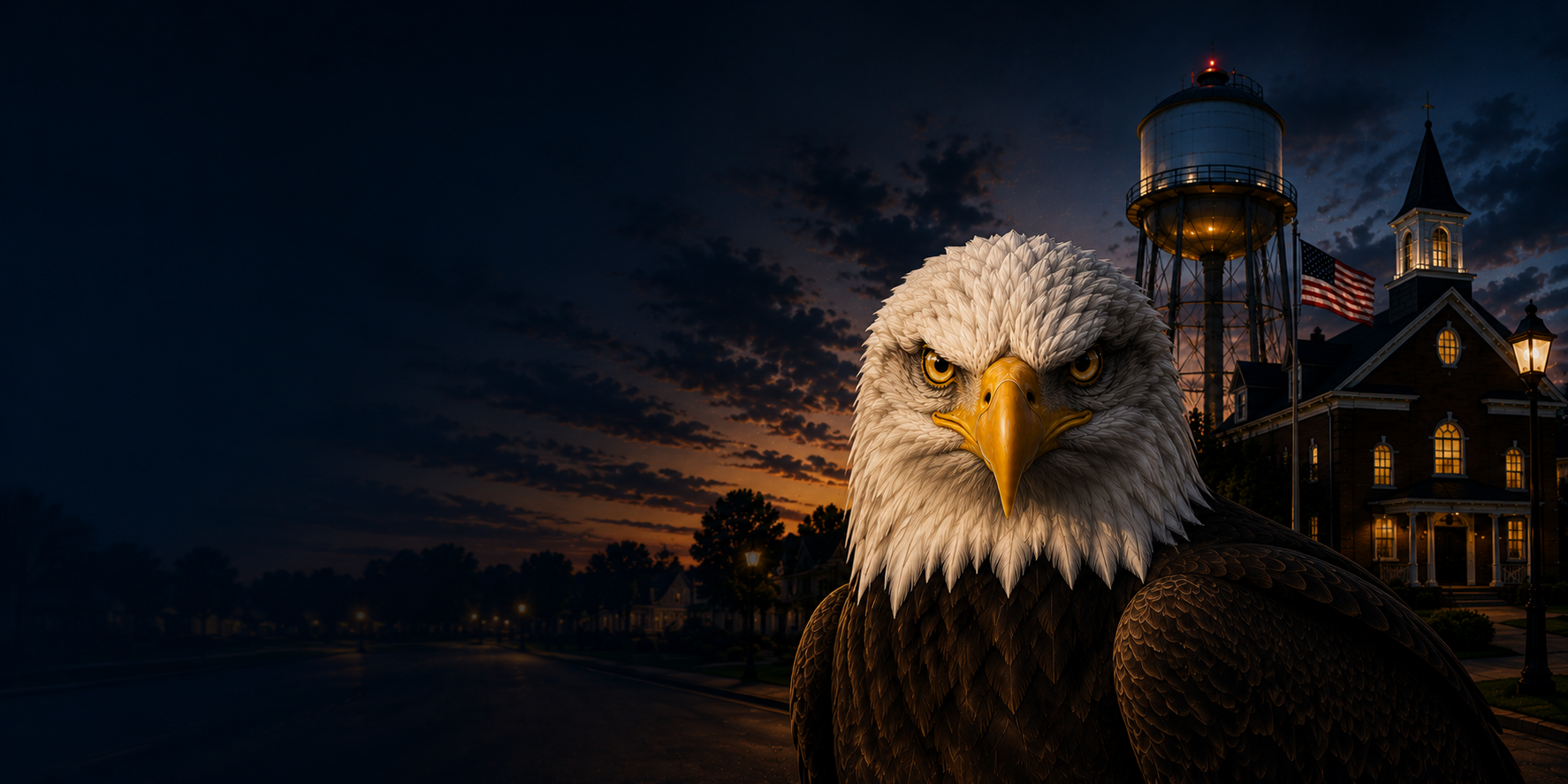 Bald eagle watching over a quiet Berlin, MD street at night